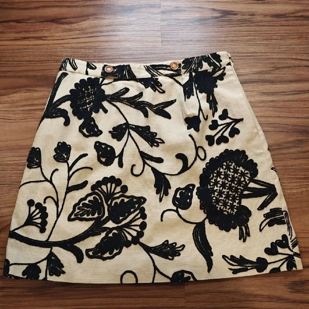 Anthropologie Cream A-Line Skirt with Black Floral Design